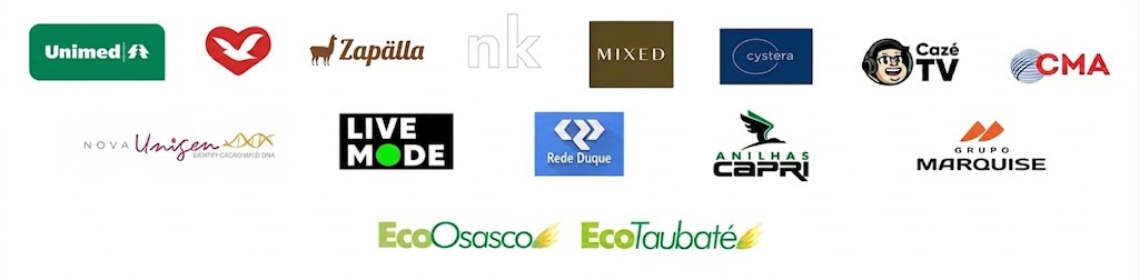 Logos de clientes que confiam na MTECH: Unimed, Zapälla, Mixed, Cystera, Cazé TV, CMA, Nova Unigen, Live Mode, Rede Duque, Anilhas Capri, Grupo Marquise, EcoOsasco e EcoTaubaté